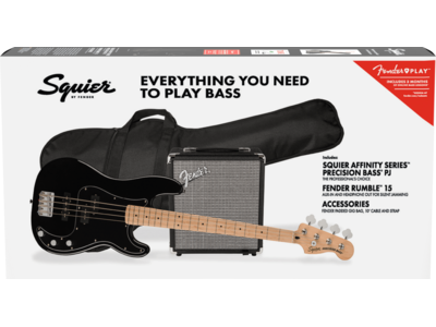 Squier Affinity Series[REG] Precision Bass[REG] PJ Pack, Maple Fingerboard, Black, Gig Bag, Rumble 15 - 230V UK click to zoom image