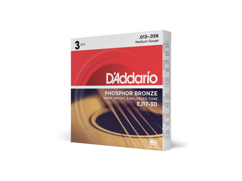 D'Addario Phosphor Bronze Acoustic Guitar Strings, Medium, 13-56, 3 Sets click to zoom image