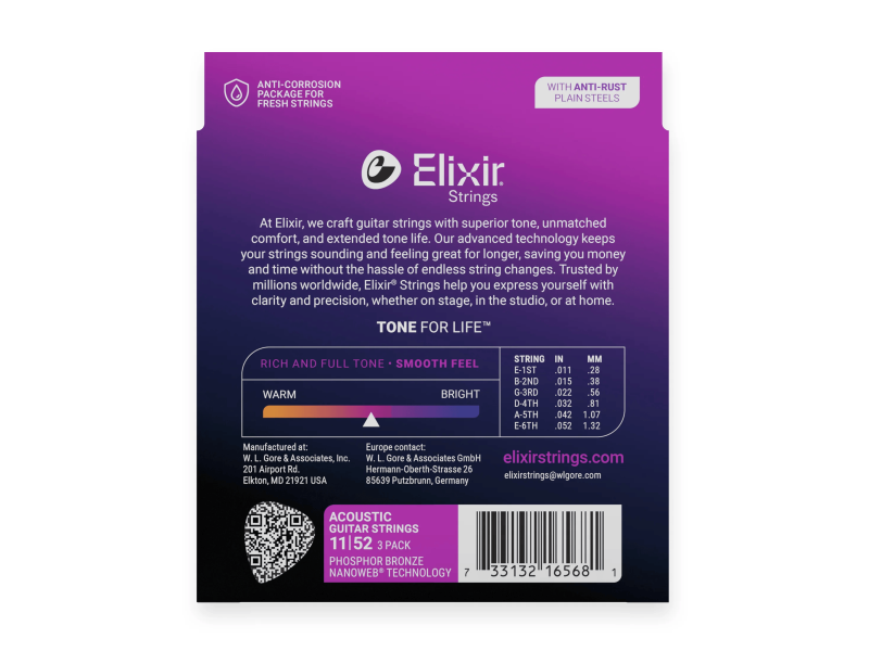 Elixir Nanoweb Phosphor Bronze 11-52 Acoustic Guitar Strings 3-Pack click to zoom image