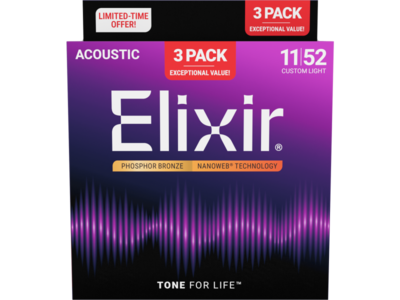 Elixir Nanoweb Phosphor Bronze 11-52 Acoustic Guitar Strings 3-Pack click to zoom image